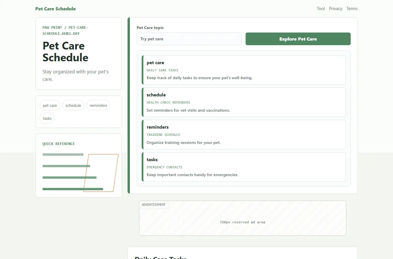 Screenshot of Pet Care Schedule interface showing the project page in use
